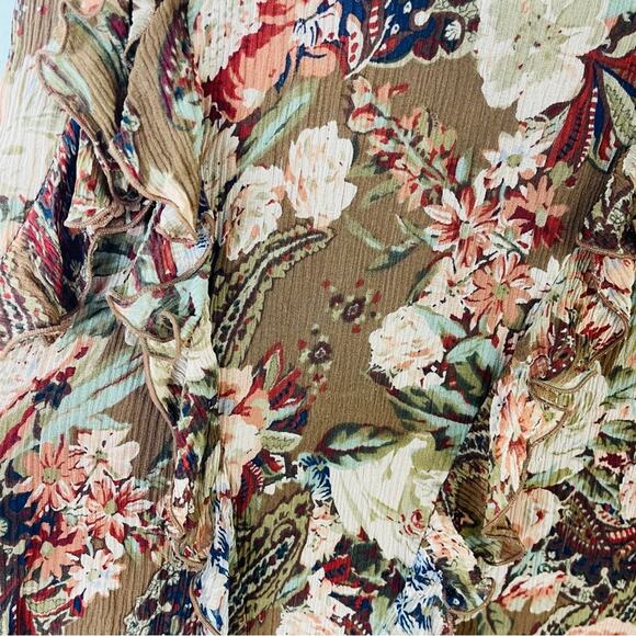 Nygard brown pink cream silk floral ruffle boho cottagecore midi skirt 14 - Picture 4 of 7